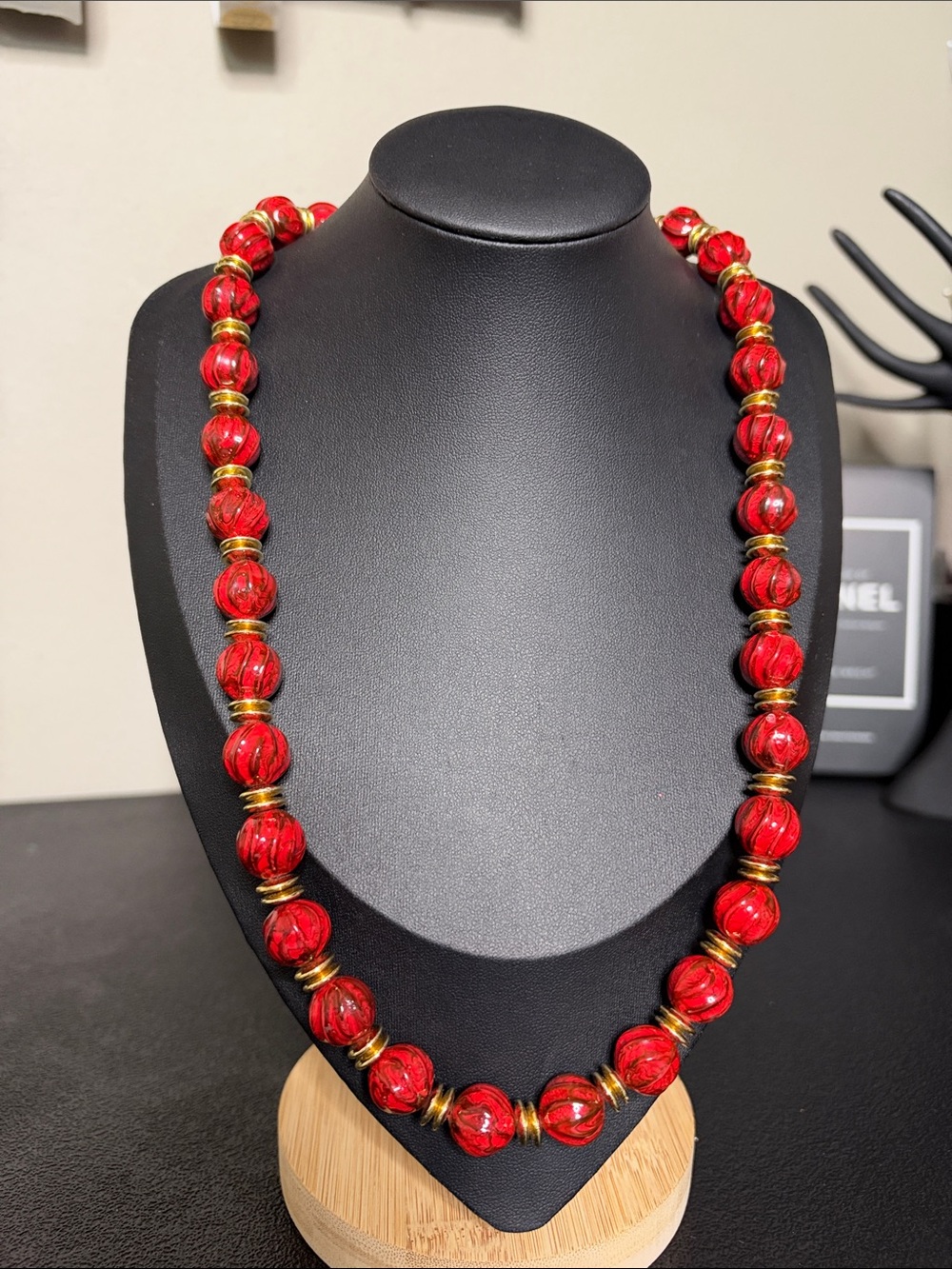 Vintage Red Beaded Statement Acrylic Necklace - Gold Accents